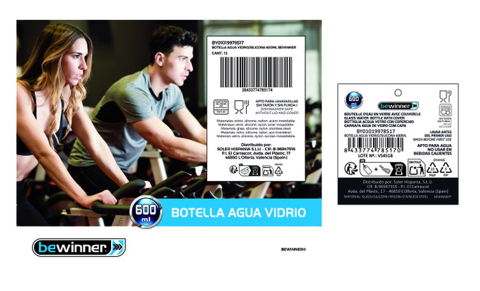 Bewinner Botella de Agua de Vidrio y Silicona, 600 ml, 7.2x7.2x24.5 cm (24 Unidades)