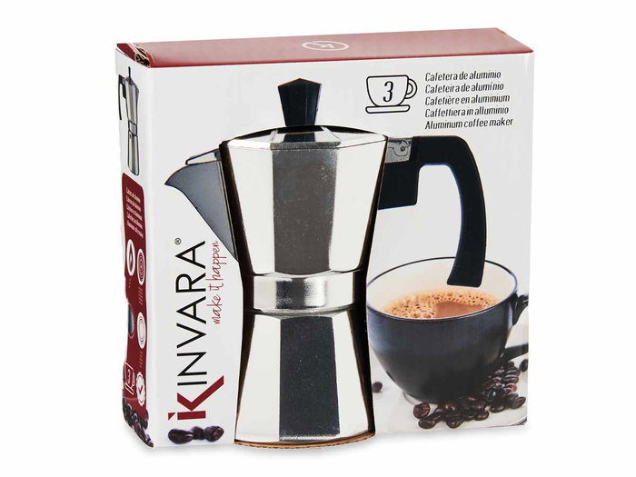 Kinvara Cafetera Aluminio 3 Tazas con Asa, Plata, 150 ml, Apta Gas, Vitroceramica y Eléctrica, 15.5x15x9 cm (Set de 12)