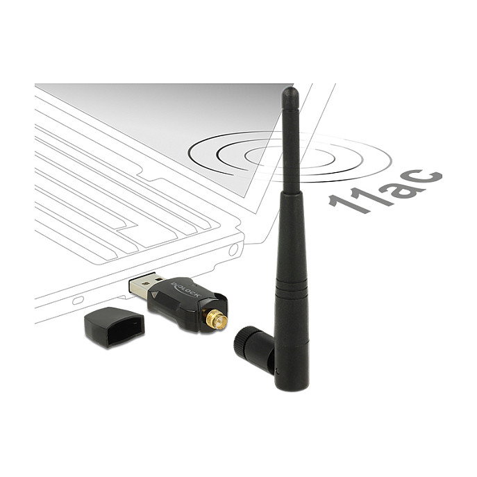 DeLOCK 12462 Adaptador USB WLAN Doble Banda 2.4G/5G, Wi-Fi 5 (802.11ac) hasta 433 Mbps, USB 2.0, Antena Externa, Negro DeLOCK 12462 Adaptador USB WLAN Doble Banda 2.4G/5G, Wi-Fi 5 (802.11ac) hasta 433 Mbps, USB 2.0, Antena Externa, Negro