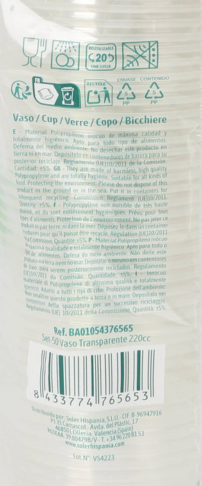 Algon Set 50 Vasos Transparentes 220 cc (18 Unidades)