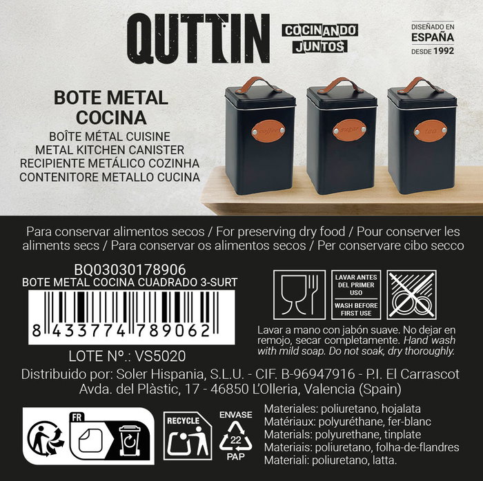 Quttin Bote Cocina Metal Cuadrado 3-Surt Medidas 10x10x17-19 cm (18 Unidades)