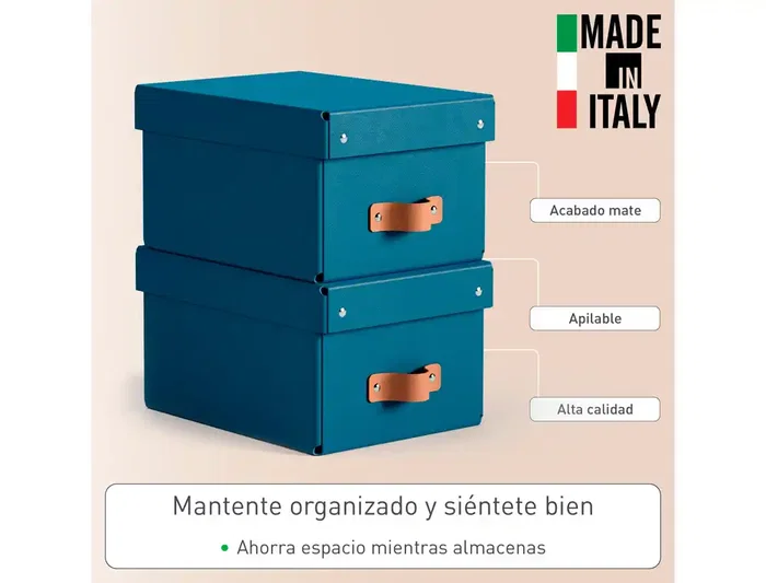 Leitz Caja de Almacenaje Pequeña de Cartón Azul con Asa de Piel, Pack de 2 Unidades, 7 Litros de Capacidad, 83x232x302 mm