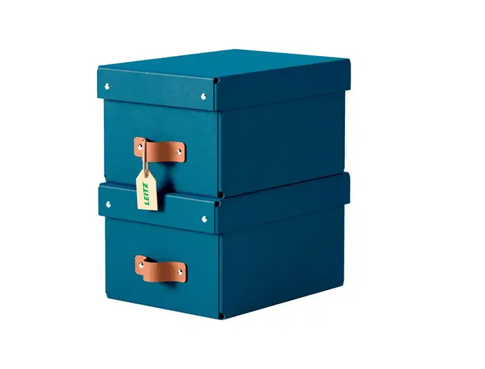 Leitz Caja de Almacenaje Pequeña de Cartón Azul con Asa de Piel, Pack de 2 Unidades, 7 Litros de Capacidad, 83x232x302 mm