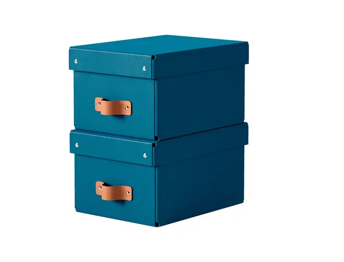 Leitz Caja de Almacenaje Pequeña de Cartón Azul con Asa de Piel, Pack de 2 Unidades, 7 Litros de Capacidad, 83x232x302 mm
