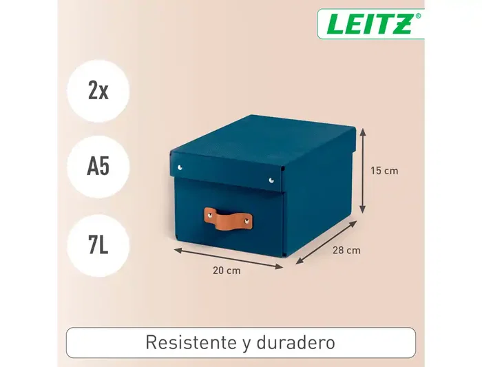 Leitz Caja de Almacenaje Pequeña de Cartón Azul con Asa de Piel, Pack de 2 Unidades, 7 Litros de Capacidad, 83x232x302 mm