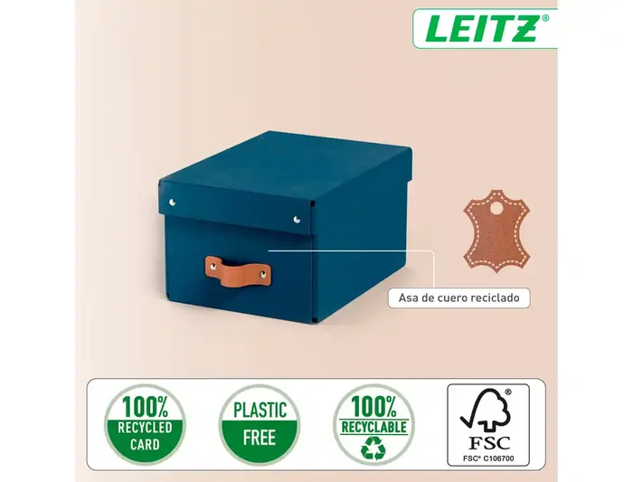 Leitz Caja de Almacenaje Pequeña de Cartón Azul con Asa de Piel, Pack de 2 Unidades, 7 Litros de Capacidad, 83x232x302 mm