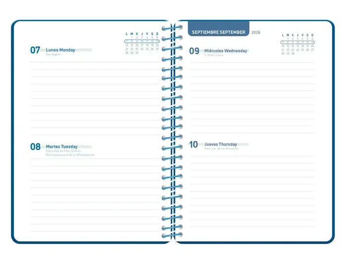 Liderpapel Agenda Escolar 2026-2027 Basic 2 Días Página A5 Bilingüe - Espiral - Azul Marino - Papel FSC 70g - Con Gomilla