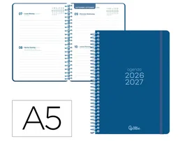 Liderpapel Agenda Escolar 2026-2027 Basic 2 Días Página A5 Bilingüe - Espiral - Azul Marino - Papel FSC 70g - Con Gomilla