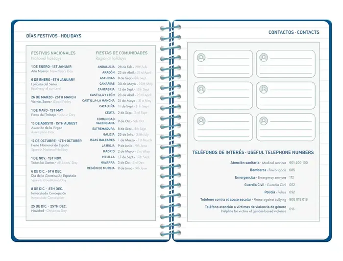 Liderpapel Agenda Escolar 2026-2027 Basic 2 Días Página A5 Bilingüe - Espiral - Azul Marino - Papel FSC 70g - Con Gomilla