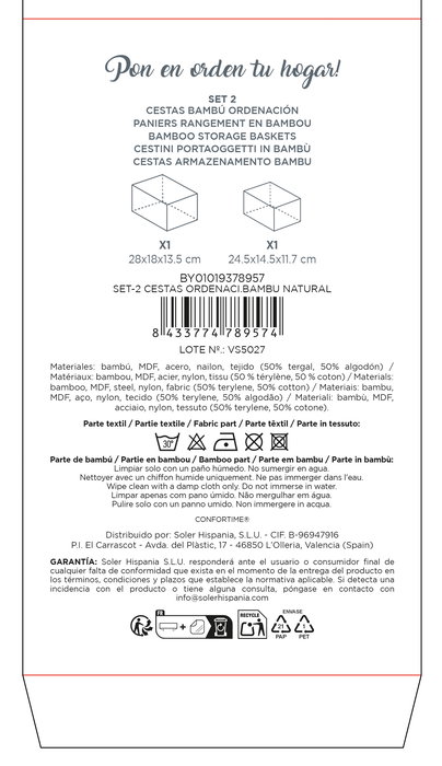 Inde Set 2 Cestas de Ordenación Bambú Natural 28x18x13.5 cm y 24 cm (12 Unidades)