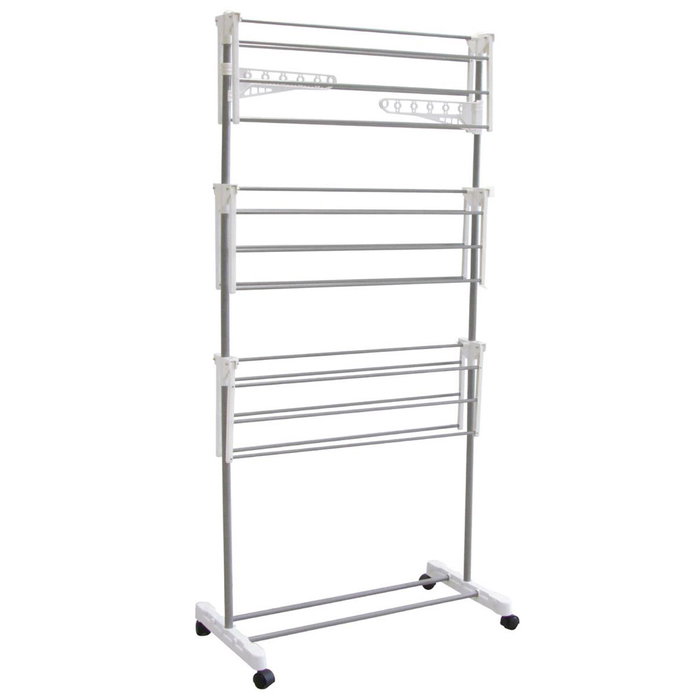 Je cherche une Idee Tendedero 3 Niveles Plegable con Ruedas, 16 Metros de Capacidad, Ideal para Ahorrar Espacio