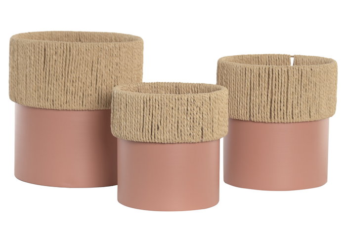 DKD Home Decor Set de 3 Maceteros de Hierro y Fibra Rosa Palo y Natural, 25x25x27 cm
