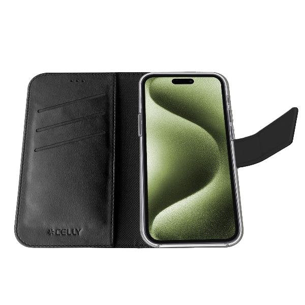 Celly WALLYMAG Funda cartera con imitación piel compatible con MagSafe para Apple iPhone 17, 16 cm (6.3"), Negro, resistente a rayones, con soporte y 3 bolsillos para tarjetas