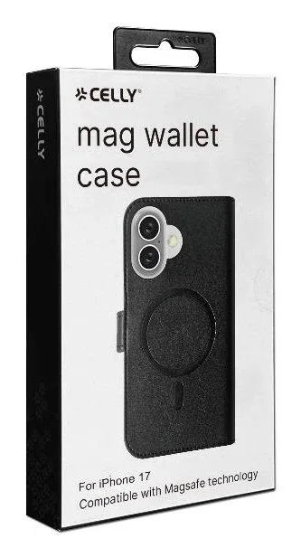 Celly WALLYMAG Funda cartera con imitación piel compatible con MagSafe para Apple iPhone 17, 16 cm (6.3"), Negro, resistente a rayones, con soporte y 3 bolsillos para tarjetas
