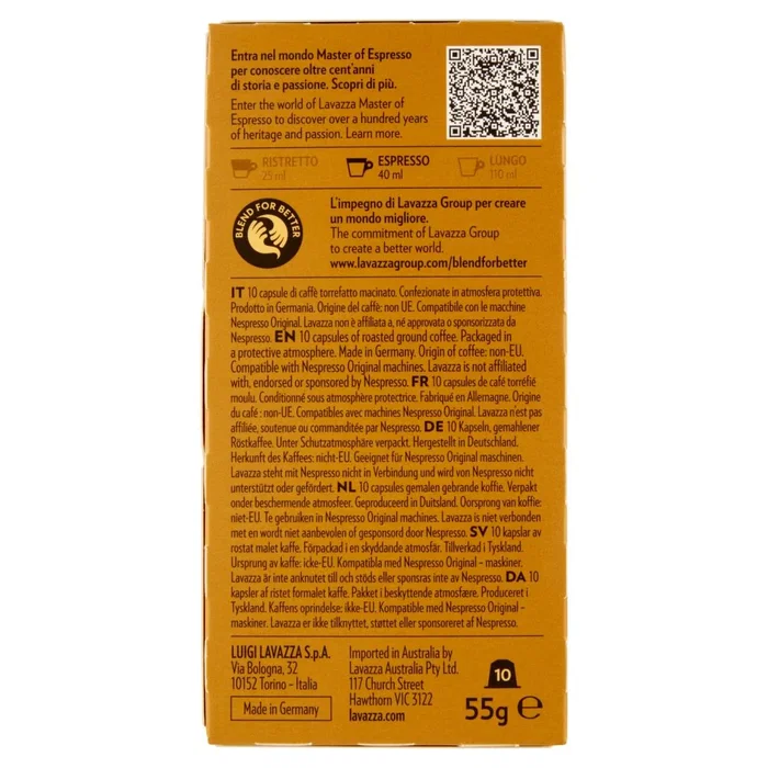 Lavazza Cápsulas Qualità Oro Café Espresso Tueste Medio para Nespresso, 100% Arábica, Intensidad 8/13, Caja de 10 Cápsulas (55g)