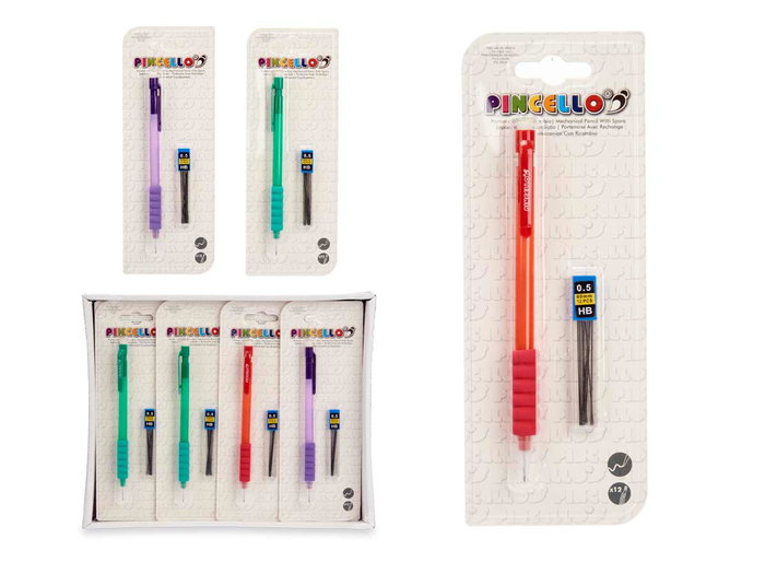 Pincello Portaminas Silicona con 12 Minas Recambio, Plástico, Carbon, 7.8 x 21 x 1.5 cm (Set de 48)