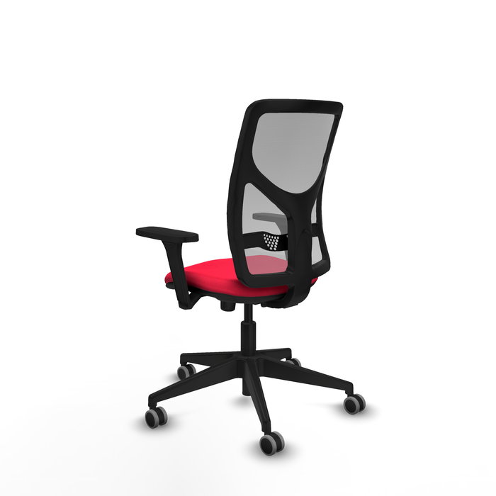 Silla de oficina Motilla con mecanismo Sincro tapizada con Tela color Rojo y malla color Gris. Equipada con lumbar 1D, Brazos 3D y Ruedas 65 mm parqué