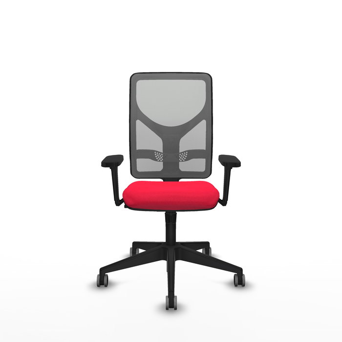 Silla de oficina Motilla con mecanismo Sincro tapizada con Tela color Rojo y malla color Gris. Equipada con lumbar 1D, Brazos 3D y Ruedas 65 mm parqué
