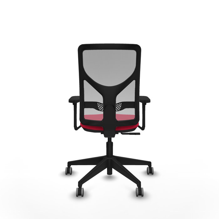 Silla de oficina Motilla con mecanismo Sincro tapizada con Tela color Rojo y malla color Gris. Equipada con lumbar 1D, Brazos 3D y Ruedas 65 mm parqué
