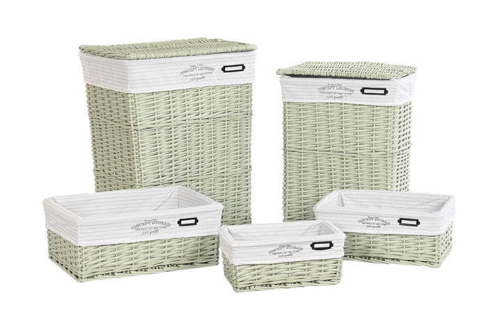 DKD Home Decor Set de 5 Cestas para la Ropa de Mimbre y Poliéster Verde