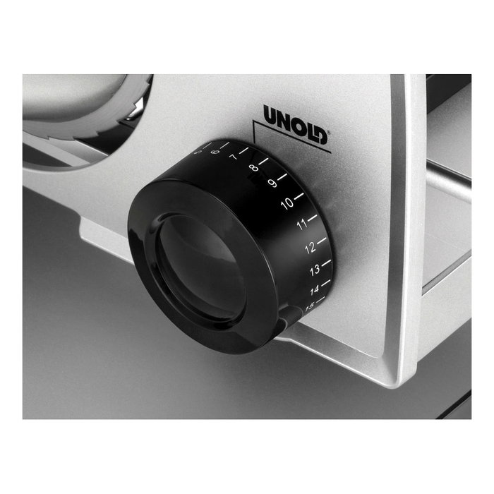 Unold 78826 Allesschneider Metall Plus Cortadora Eléctrica, Grosor 2,3 cm, Negro y Plata, Acero Inoxidable