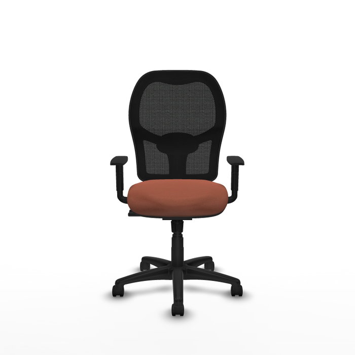 Silla de oficina Alocén con mecanismo Sincro tapizada con Tela color Marrón y malla color Negro. Equipada con lumbar 1D, Brazos 1D y Ruedas de nailon 50 mm