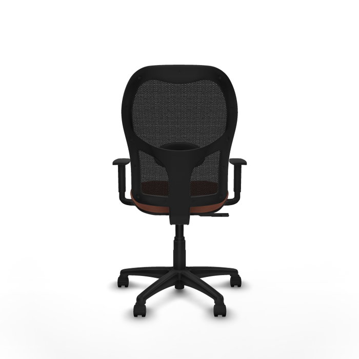Silla de oficina Alocén con mecanismo Sincro tapizada con Tela color Marrón y malla color Negro. Equipada con lumbar 1D, Brazos 1D y Ruedas de nailon 50 mm