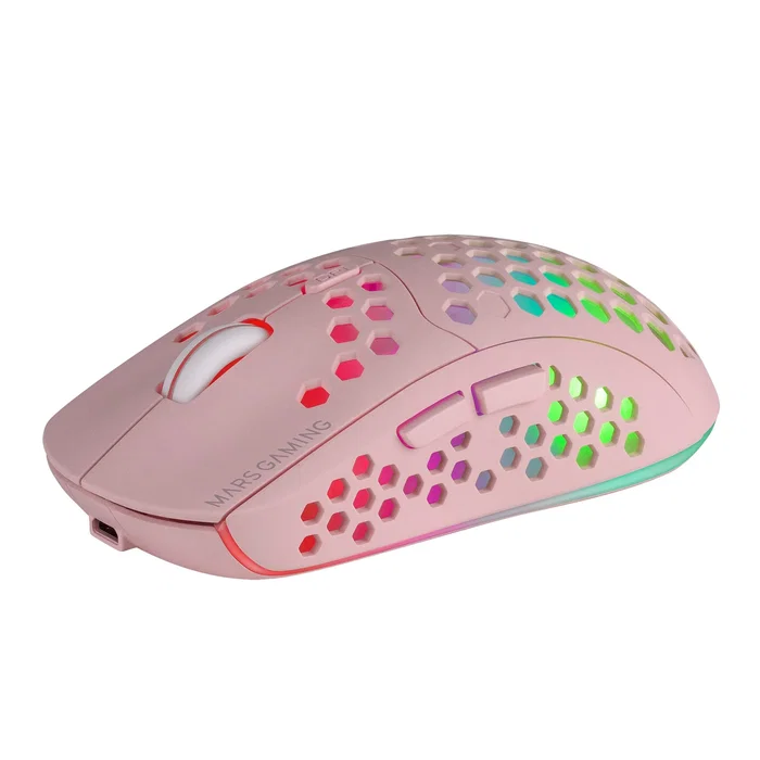 Mars Gaming MMW3P Ratón Gaming Inalámbrico Ultraligero para Mano Derecha, Sensor Óptico 3200 DPI, Iluminación RGB Flow, Batería Recargable, Color Rosa, MMW3P