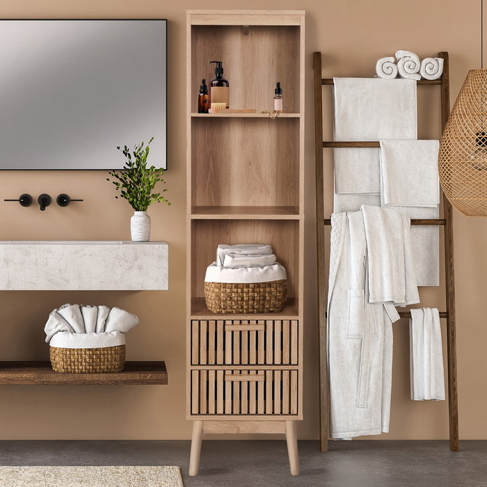 Home Deco Factory Estantería Klaus Columna con 2 Cajones y 3 Baldas Madera de Pino/MDF Natural 40x30x160 cm