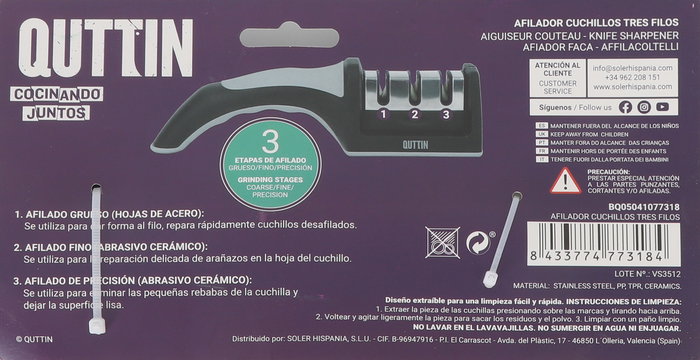 Quttin Afilador de Cuchillos Tres Filos Qutti - 21.5 x 5 x 5.6 cm, 140 g (12 Unidades)