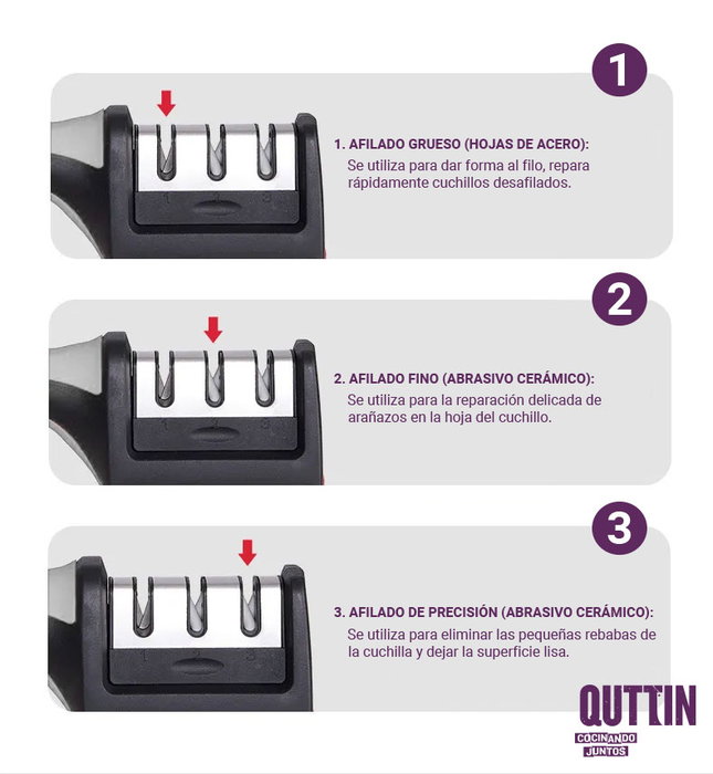 Quttin Afilador de Cuchillos Tres Filos Qutti - 21.5 x 5 x 5.6 cm, 140 g (12 Unidades)