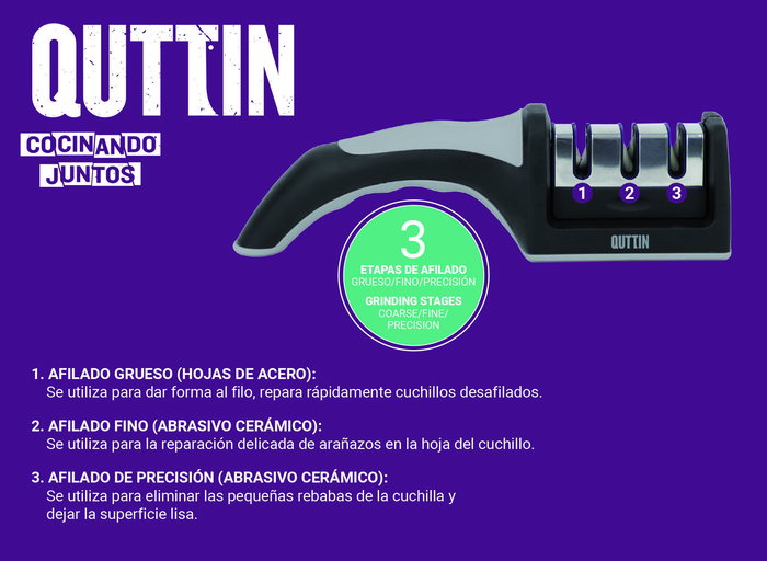 Quttin Afilador de Cuchillos Tres Filos Qutti - 21.5 x 5 x 5.6 cm, 140 g (12 Unidades)
