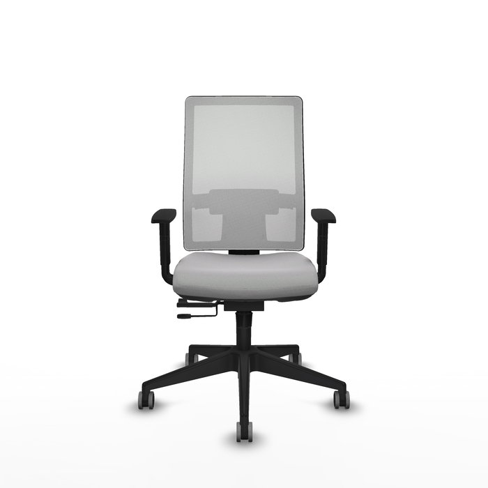 Silla de oficina Horna con mecanismo Sincro/Traslack tapizada con Tela color Gris claro y malla color Blanco. Equipada con lumbar 1D, Brazos 1D y Ruedas 65 mm parqué