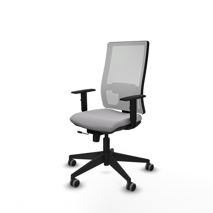 Silla de oficina Horna con mecanismo Sincro/Traslack tapizada con Tela color Gris claro y malla color Blanco. Equipada con lumbar 1D, Brazos 1D y Ruedas 65 mm parqué
