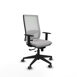 Silla de oficina Horna con mecanismo Sincro/Traslack tapizada con Tela color Gris claro y malla color Blanco. Equipada con lumbar 1D, Brazos 1D y Ruedas 65 mm parqué