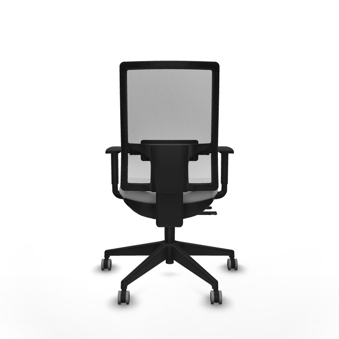 Silla de oficina Horna con mecanismo Sincro/Traslack tapizada con Tela color Gris claro y malla color Blanco. Equipada con lumbar 1D, Brazos 1D y Ruedas 65 mm parqué