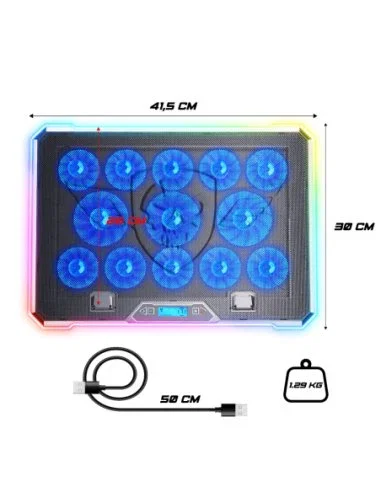Spirit of Gamer AIRBLADE 1300 - Almohadilla Refrigeradora para Portátil Gaming 43.2 cm (17") RGB con 13 Ventiladores 169 CFM, Pantalla LCD, Soporte Ajustable, USB, Negro