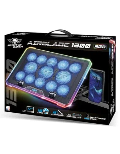 Spirit of Gamer AIRBLADE 1300 - Almohadilla Refrigeradora para Portátil Gaming 43.2 cm (17") RGB con 13 Ventiladores 169 CFM, Pantalla LCD, Soporte Ajustable, USB, Negro