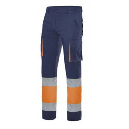VELILLA Pantalón Bicolor de Alta Visibilidad 303007, Azul Navy + Naranja Flúor, Talla L