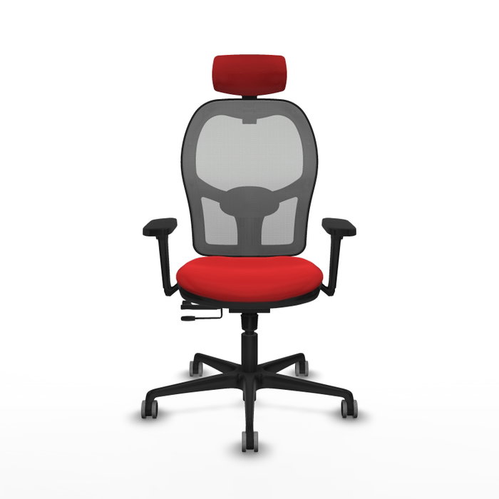 Silla de oficina Jorquera con mecanismo Sincro/Traslack tapizada con Similpiel color Rojo y malla color Gris. Equipada con lumbar 1D, Brazos 3D, Cabecero 2D y Ruedas 65 mm parqué