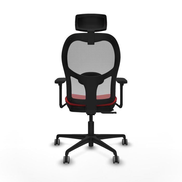 Silla de oficina Jorquera con mecanismo Sincro/Traslack tapizada con Similpiel color Rojo y malla color Gris. Equipada con lumbar 1D, Brazos 3D, Cabecero 2D y Ruedas 65 mm parqué
