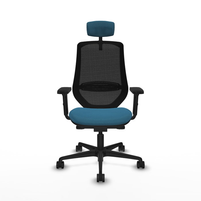 Silla de oficina Mardos con mecanismo Sincro/Traslack tapizada con Tela color Verde petróleo y malla color Negro. Equipada con lumbar 1D, Brazos 2D, Cabecero 2D y Ruedas 65mm nailon