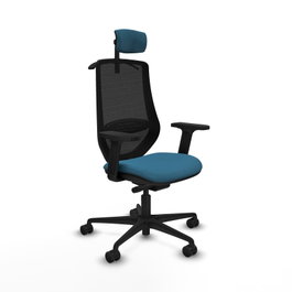 Silla de oficina Mardos con mecanismo Sincro/Traslack tapizada con Tela color Verde petróleo y malla color Negro. Equipada con lumbar 1D, Brazos 2D, Cabecero 2D y Ruedas 65mm nailon