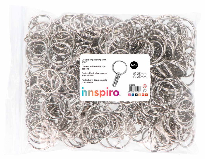 Innspiro Set de 240 Llaveros Doble Vuelta con Cadena Metálica Plateada 25mm