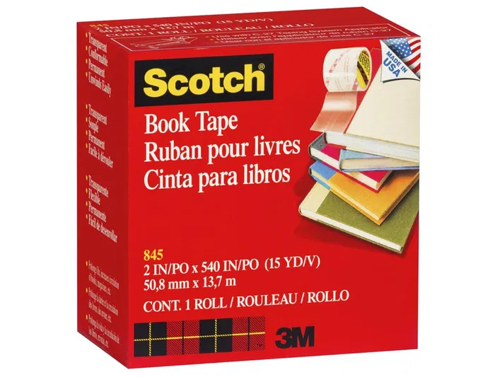 Scotch 845 Cinta Adhesiva para Libros, Transparente, 13.7 m x 50.8 mm, No Amarillea, Larga Duración