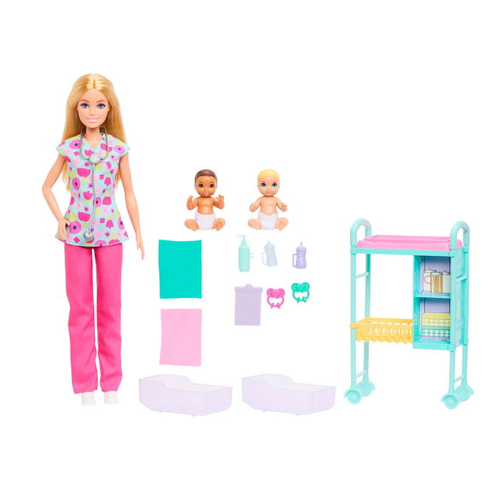 Barbie Muñeca Doctora Con Complementos Jmk12, Incluye 2 Bebés, Mesa de Reconocimiento, Accesorios Médicos, +3 Años