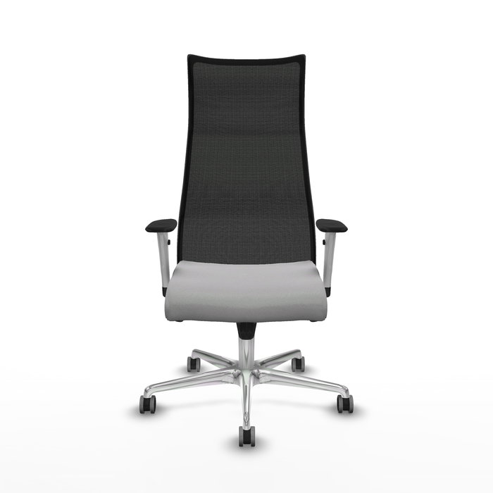 Sillón Albacete con mecanismo Sincro tapizada con Tela color Gris claro y malla color Negro. Equipado con Base aluminio, Brazos 1D y Ruedas 65 mm parqué