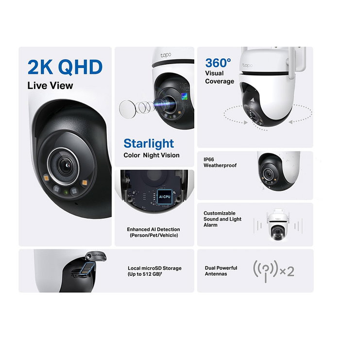 TP-LINK Cámara de Vigilancia C520WS, Tapo C520WS, Blanca, 1080P, Audio Bidireccional, Visión Nocturna, IP65