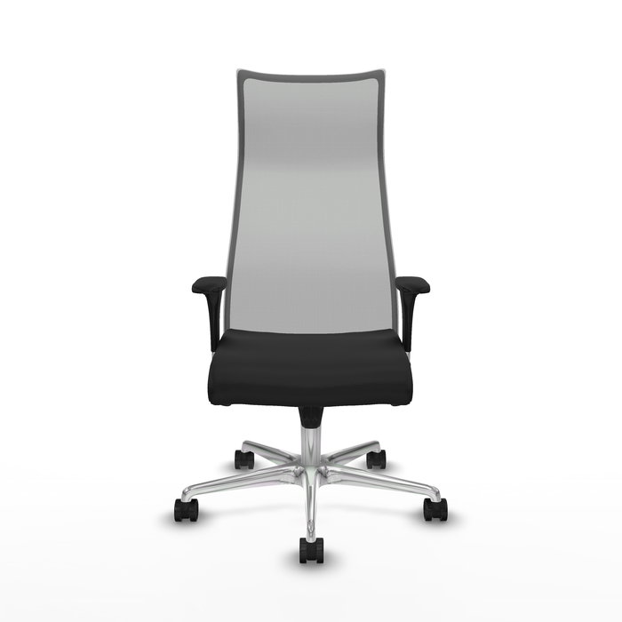 Sillón Albacete con mecanismo Sincro tapizada con Similpiel color Negro y malla color Gris. Equipado con Base aluminio, Brazos 1D y Ruedas 65mm nailon