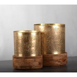 DKD Home Decor Set de 2 Portavelas de Metal y Madera Dorado